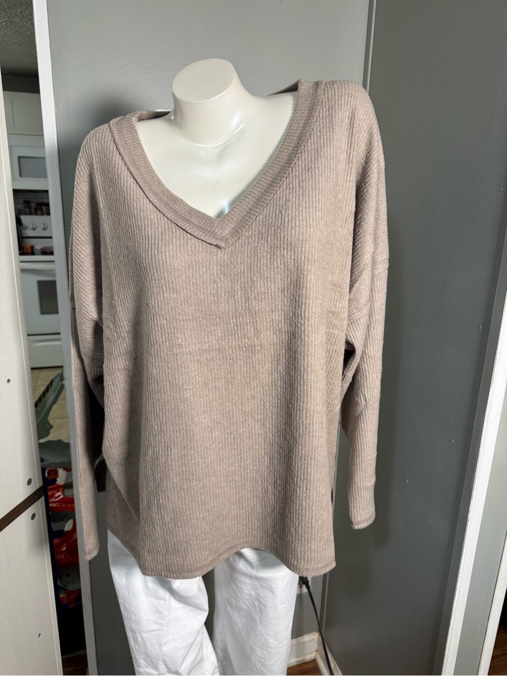 NWOT Zenana Plus Size Soft V-Neck Ribbed Top Sand Beige
